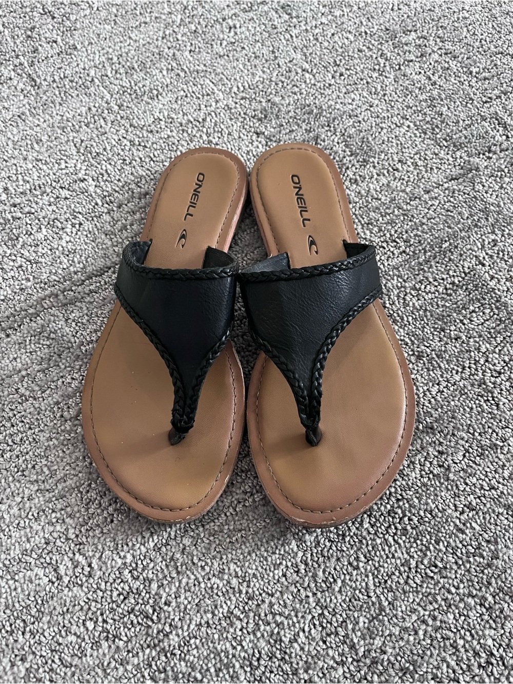 O'Neill Black Braided Thong Sandals with Tan Footbed